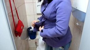 Public restroom MILF urinates then strips down for solo play