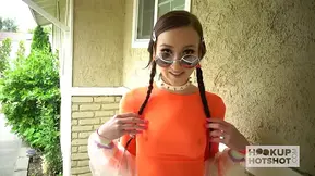 Skinny brunette with pigtails gets a hard pussy pounding