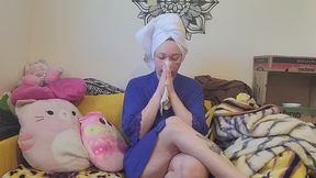 Nose Honking in Cute Blue Robe and White Hair Towel