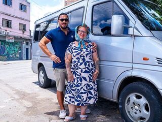 Overweight Tattooed Older Butt Screwed in Driving Van