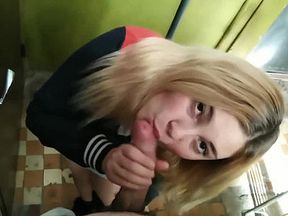 Slavic student does blowjob in the stairwell