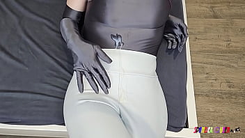 SpandexQueen comes twice and milks his cum on her white leather leggings   gray spandex body