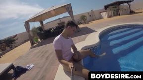 Young amateur's poolside stroking and massive cumshot captured in intense homemade video