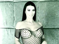 Busty curly brunette with big boobs fucks on couch