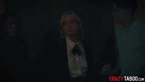 Nerdy teen Lexi Lore summoned a demonic spirit and got fucked by two dirty classmates