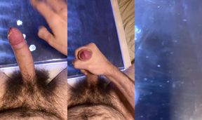 Very hairy big white uncut dick jerking off and cumming on a glowing light table
