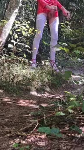 Outdoor Exhibition In The Woods Pink Heels White Stockings And Latex Mini Skirt