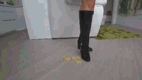 Crushed biscuits stomping with leather boots a
