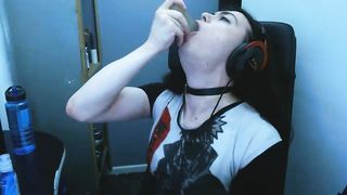 Deep Throating a 12 Inch Faux-Cock with choker