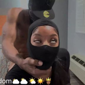 Juicy booty masked Ebony gets fucked by skinny dude. Part 2