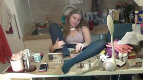 Smoking in the kitchen with stockings