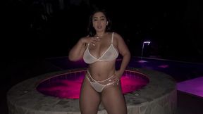 Busty latina prostitute services her client's hard cock in the sauna