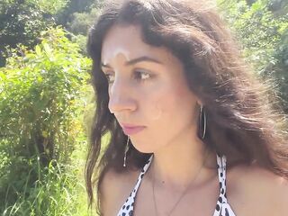 Sweetheart sucks my dong on a public beach and walks along the shore with cum on her face - Cumwalk