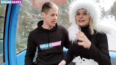 Blonde with small tits rides and oral pleasures on a public blue bus