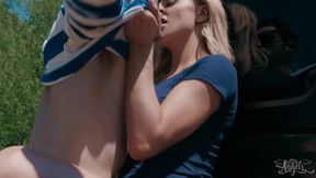 Trans Blonde Jerks Kneeling Studs Cock To Gushing Car Wreck