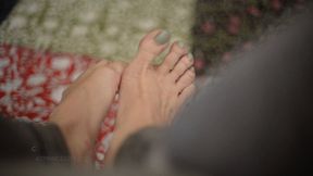 pale green polished milf toes and arches, then hot wrinkled soles show, foot fetish