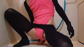 Sissy-Kuroko inserts long dildo into anal wearing pink leotard