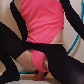 Sissy-Kuroko inserts long dildo into anal wearing pink leotard