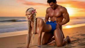 sexy blonde student in white blouse & mini skirt on beach - sunset fuck & facial ai generated
