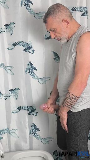 Mature Hung Stepdaddy Pissing an Bating in Bathroom