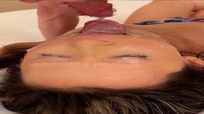 Her lips get pounded, his dick&#x1F32D; sprays semen on her face, and he wets himself afterwards