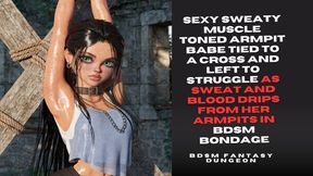 sexy sweaty muscle toned armpit babe tied to a cross and left to struggle as sweat drips from her armpits in bdsm bondage
