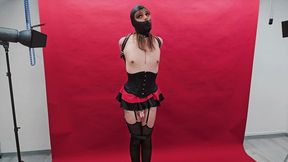 Trans Girl Ellie's First Time In Chastity Bondage, Struggling in a Gwendoline Hood and Armbinder