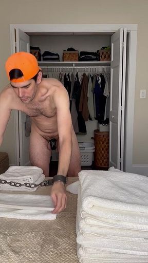 Naked Laundry Chore Submissive in Shackles and Chastity