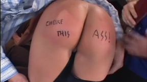 Brunette removes latex panties and sucks and takes two cocks on couch