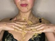 Chewed banana on my body. Banana mash on chest and face.