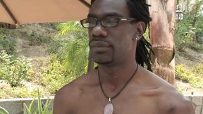 Busty honey rubs her pussy while riding big black dick