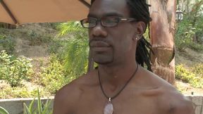 Busty honey rubs her pussy while riding big black dick