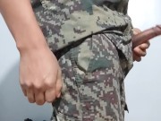 On his military break he masturbates while his colleagues are on guard