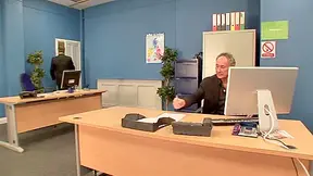 Hard group sex action with a brunette whore in the office