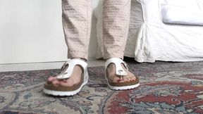White Toe Separator Slippers and Sexy Red Toenails, Foot Fetish Lady Victoria Valente