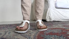 White Toe Separator Slippers and Sexy Red Toenails, Foot Fetish Lady Victoria Valente