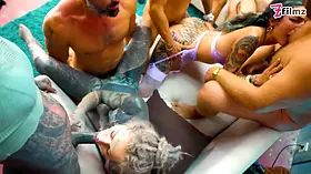 Squirting gangbang with tattooed tarts and Big Dick Anal Sex concludes with huge facials!