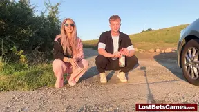 POV GF gives blowjob while playing strip bottle outdoors