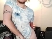 Transman slut masturbating in office chair first time in front of camera