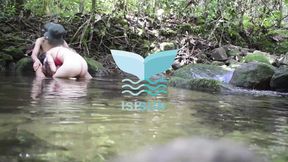 Skinny step sister shows her tits and takes my dick out to suck it in the mountain.