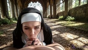 while walking through the woods, i came across an old, abandoned church run by a nun. i offered her help, and she rewarded me with passionate sex.(ai generated)