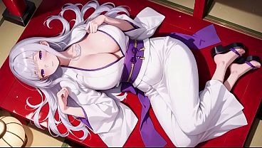 Ai- Silver-Haired Miko Shrine Secrets! Half-unbuttoned white kimono, kneeling poses and intense eye contact.