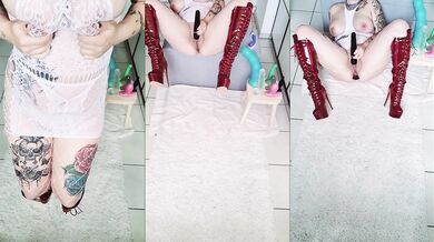 Horny cunt with patent boots rides her vibrator raw