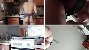 Brunette hairy pussy prepares breakfast naked in the kitchen. Sexy mom cleans the house naked.