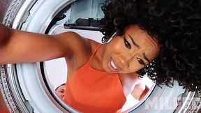 Stuck in the washing machine Ebony takes white cock from young lad