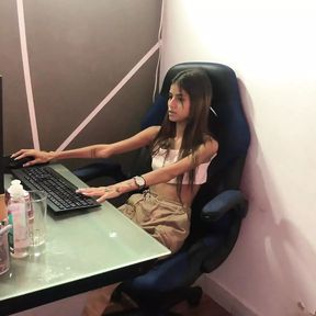 Petite brunette comes to work in her office but first masturbates very rich