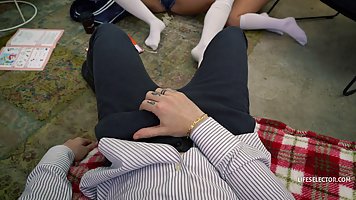 Sharon White, Luly Love and Mona Blue are taking turns sucking and riding a fat cock