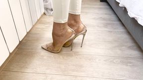 White jumpsuit over a naked body with transparent high heeled shoes 4K full video 12 min
