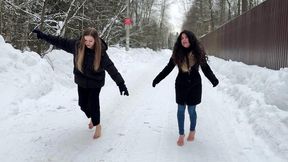 Clear flip flops on ice, high heels on ice, high heels on snow, frozen feet, barefoot on snow