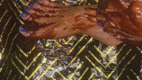 Melove Sexy Asian Feet with Blue nail polish getting chocolate sauce